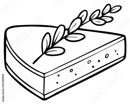Stylized slice of cheese with a sprig of leaves illustration