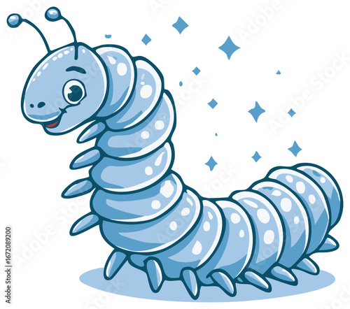 Cartoon caterpillar character with sparkles adorable light blue animal illustration