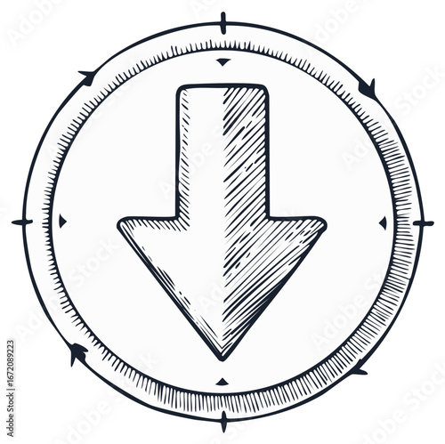 Hand drawn compass with downward arrow, direction concept, navigation symbol