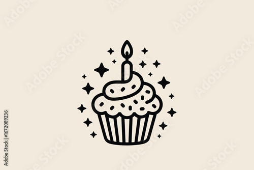 A simple line drawing of a cupcake with a candle surrounded by stars on a light background color