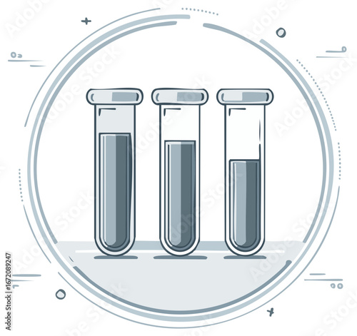 Laboratory Test Tubes with Varying Liquid Levels in a Light Gray Circle Illustration, representing scientific research, analysis and medical research.