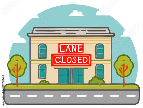 Cartoon-style building with lane closed sign, alongside a grey road, trees, and bushes on a sunny day, illustration