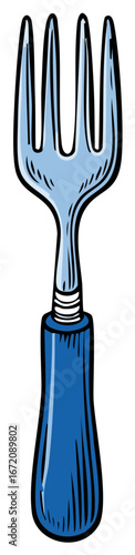 Vivid Cartoon Fork: Hand-Drawn Kitchen Utensil with Blue Handle and Four Tines for Dining, Illustration, and Culinary Projects