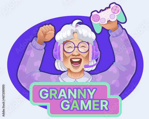 A funny and happy granny gamer. Vector illustration