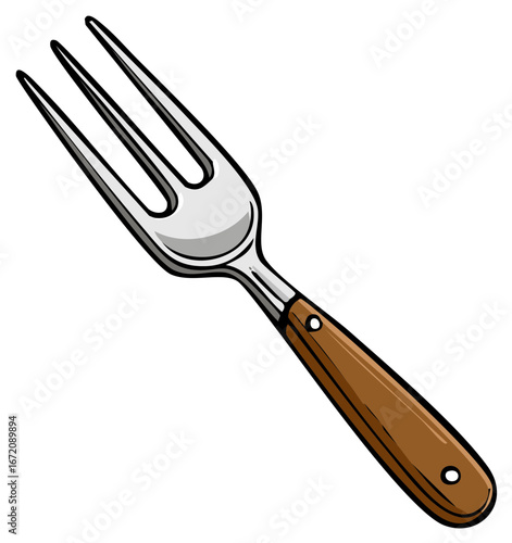 Elegant Dinner Fork Illustration with Brown Wood Handle and Shiny Metal Prongs for Culinary Designs