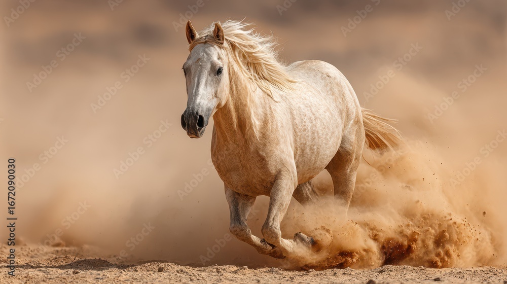 Obraz premium Galloping white horse kicks up dust in a desert landscape during golden hour