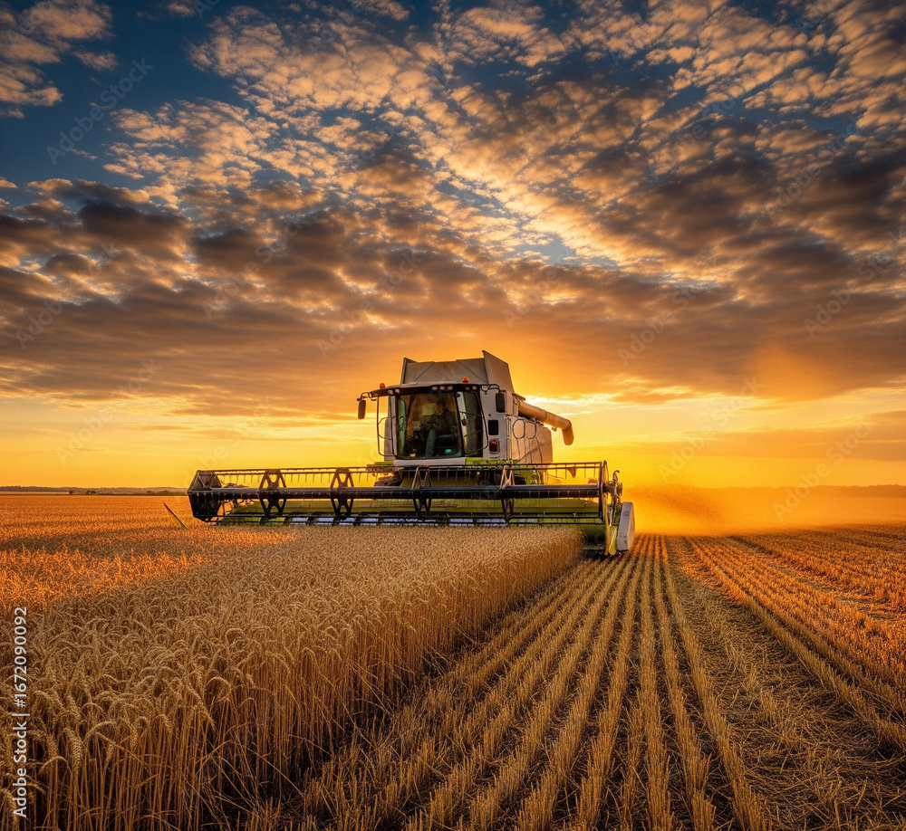 Fototapeta premium Harvesting wheat field at sunset with combine harvester in golden hour