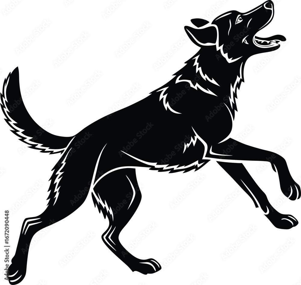 Fototapeta premium Dynamic running dog silhouette in motion flat vector design