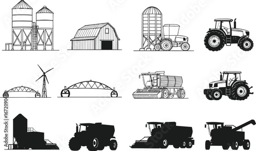Farm machinery silhouette, tractor, barn, silo, harvester, windmill, agriculture equipment, rural building, farming tools, vector illustration, agricultural icons