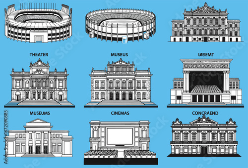 Silhouette cultural buildings, theater, museum, cinema, concert hall, stadium architecture, entertainment landmark, historical monument, urban design, illustration vector