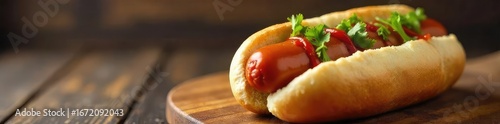A classic American hot dog, nestled in a soft bun, ready to be enjoyed Mustard, ketchup, and relish are optional toppings Perfect for a summer BBQ or casual lunch , street vendor, classic, picnic