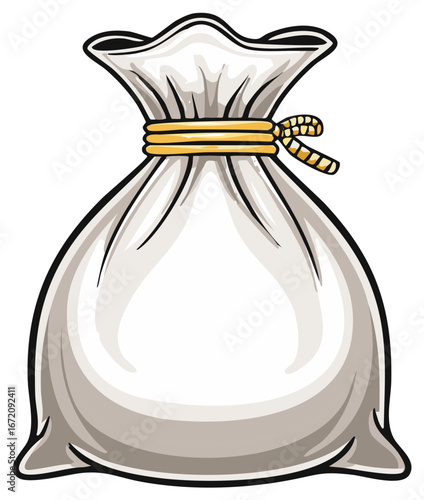 Cartoon drawing of a blank money sack tied with a golden rope for wealth or treasures