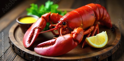 Classic New England Boiled Lobster A Glistening Red Seafood Feast Ready to Enjoy.  Served simply elegant on a rustic wooden platter with melted butter and lemon. Appetizing and delicious!
