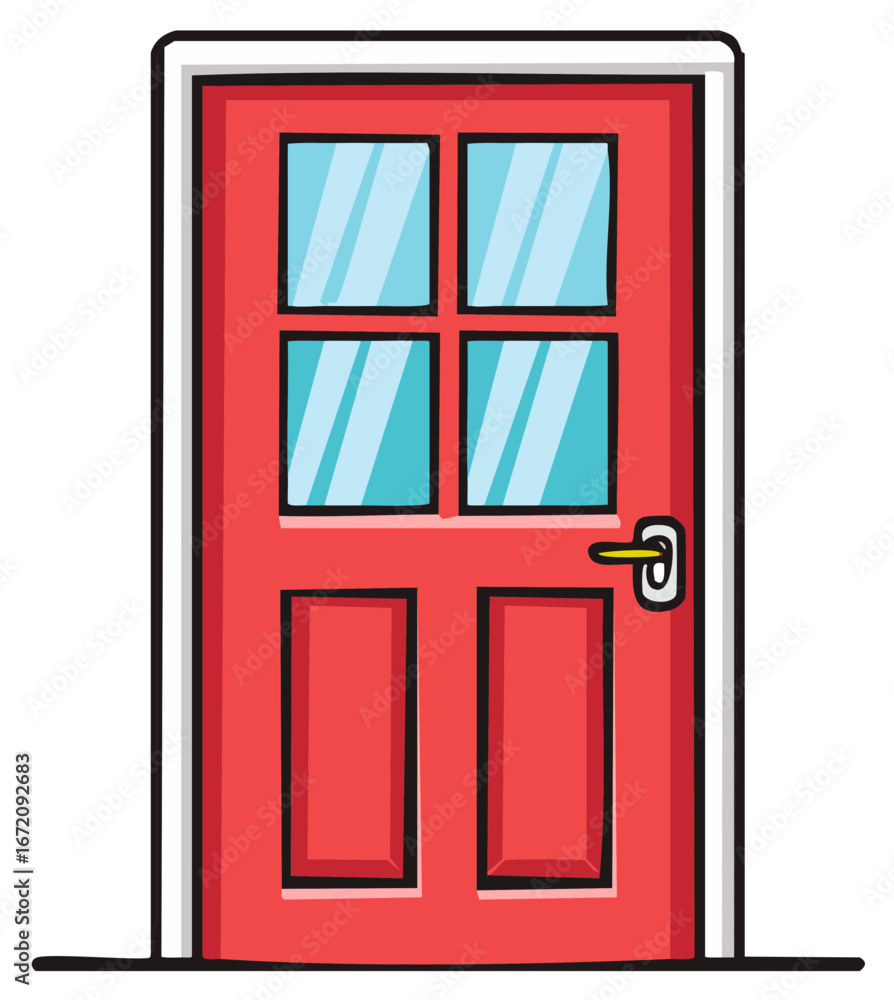 Obraz premium Bright Red Front Door with Paned Windows and Metal Door Handle Isolated on White