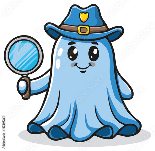 Cartoon Ghost Detective Investigating with Magnifying Glass Wearing Hat Funny Mystery Illustration