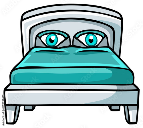 Cartoon Bed with Eyes, Anthropomorphic Furniture, Quirky Sleep Concept, Teal Bedding, Sleepy Expression, Bedroom Illustration