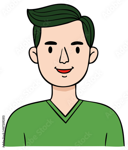 Stylized Illustration of a Young Man with Green Hair Wearing a Green T-Shirt