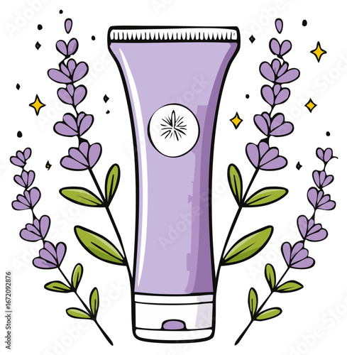 Hand drawn illustration of a lavender cosmetic cream tube with flowers for natural skincare and beauty
