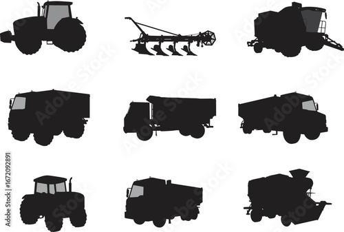Silhouettes of farming tractors, harvesters, trucks, and plowing machines used in agriculture, rural transportation, and modern farm equipment operations