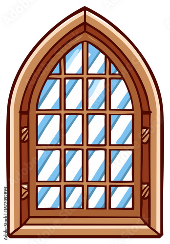 Cartoon Illustration of an Arched Window with Wood Frame and Grid Pattern Glass Panes