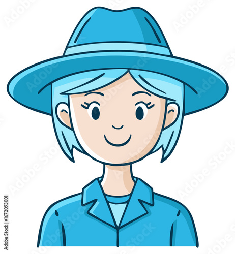 Smiling woman character in blue wide-brimmed hat and jacket looking forward, a cartoon illustration