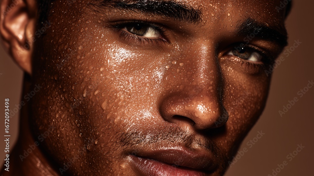 Fototapeta premium Cosmetology session featuring male model showcasing skincare techniques and hydration effects