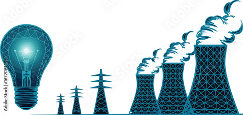 Bright Future: A visual metaphor of power, energy, and the evolution of industry, with a glowing light bulb representing ideas, energy transfer, and progress.