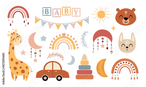 Boho baby clipart set for newborn girls and boys. Baby shower clip art, Gender neutral nursery design. Vector illustration.