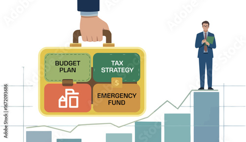 Financial Strategy: A conceptual business image of a financial consultant's approach, highlighting elements of a successful financial plan, like budget, emergency fund, and tax strategies.