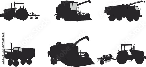 Silhouette collection of modern agricultural vehicles including tractors, harvesters, trailers, farming machinery, used for cultivation, harvesting, and transport