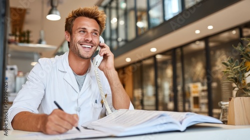 Man in Lab Coat on Telephone and Writing in Book