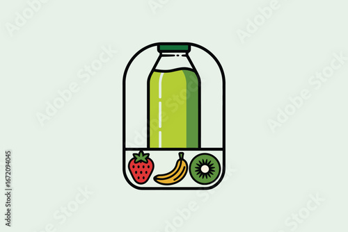 A cartoon image showing a bottle of green juice with a strawberry banana and kiwi fruit below it