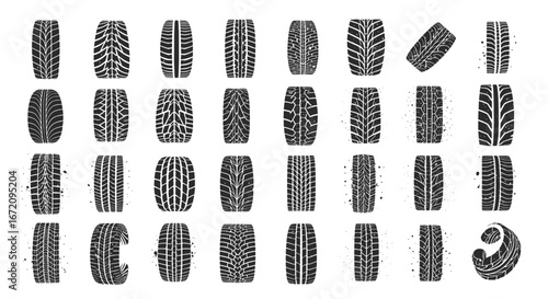 Diverse tire tracks offer a variety of tread patterns for automotive design and vehicle customization projects