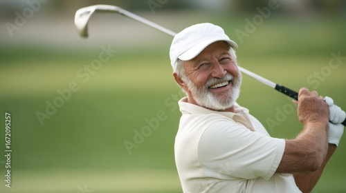Older Man Holding Golf Club Smiling on Green Background