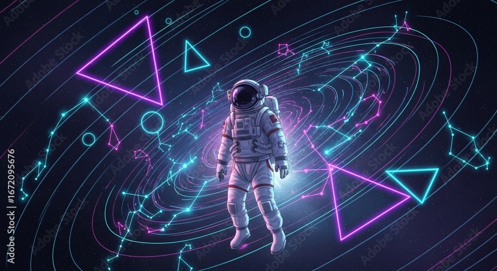 Fototapeta premium Astronaut floats amidst swirling nebula, neon triangles, and constellations.