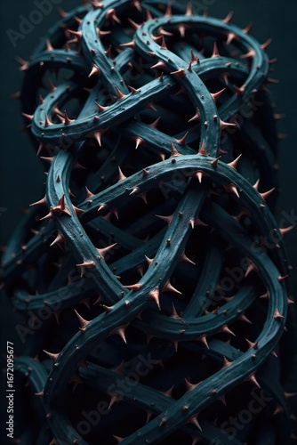 A close-up of a tangled, knotted mass of dark, thorny vines, representing the overwhelming, suffocating feeling of a stressful nightmare , dark fantasy, night, bound