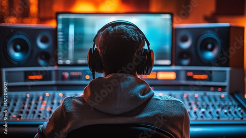 Music producer working on sound mixing in a modern studio during night hours