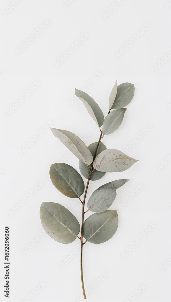 Fototapeta Minimalist pastel sage leaves painted delicately with muted tones glowing faintly against white empty canvas