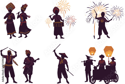 Silhouette of diverse cultural festival performers with traditional costumes, musical instruments, fireworks, lanterns, celebration, ethnic dance, festive event, cultural heritage