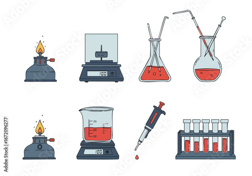 Vibrant vector illustration of essential scientific laboratory equipment for research, experiments, and medical testing.