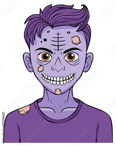 Cartoon zombie face illustration purple skin and orange eyes