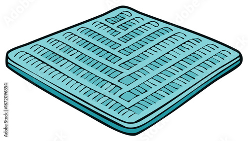 Illustrated isometric view of a turquoise blue, square, woven patterned surface