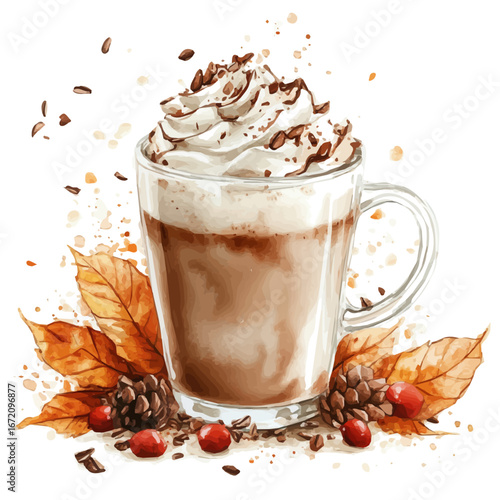 watercolor of Hot Chocolate Autumn Warmth, vector, isolated on a white background.