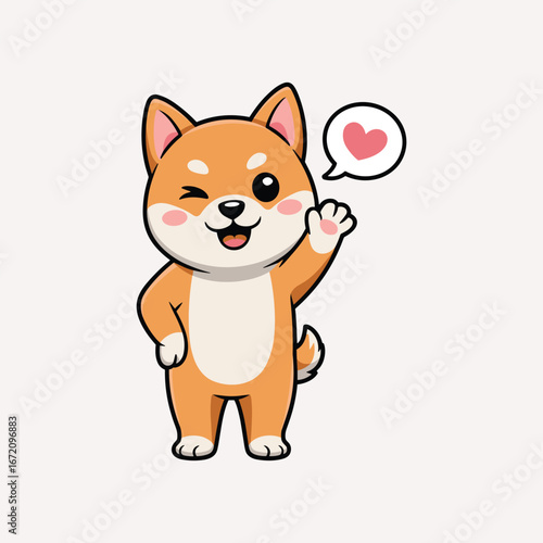 Cute cartoon Shiba Inu dog winking with heart speech bubble, adorable kawaii pet illustration for sticker, emoji, greeting card, mascot, or t-shirt.