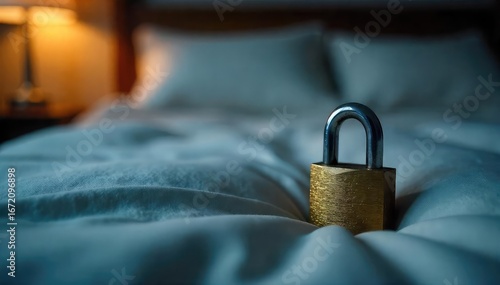 Sleepless Night Padlock on Bed Frame, Anxiety, Insomnia, Metal Gleam, Trapped Feeling, Restless Night, Close-up