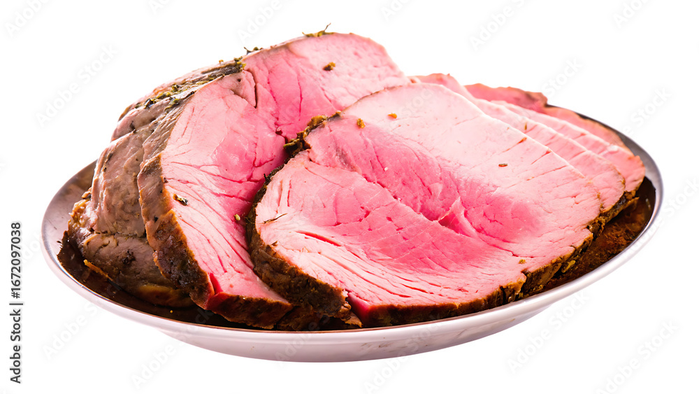 Fototapeta premium juicy roast beef slices on a plate isolated on white background png, ai generated