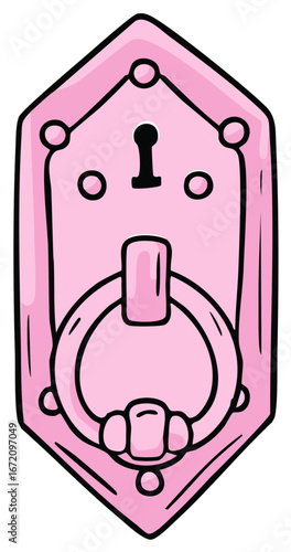 Pink door knocker illustration. Cartoon design of a door lock with keyhole