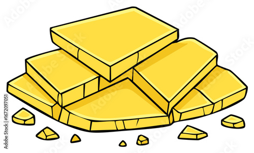 Cartoon style pile of shiny golden bars and broken pieces representing wealth and finance