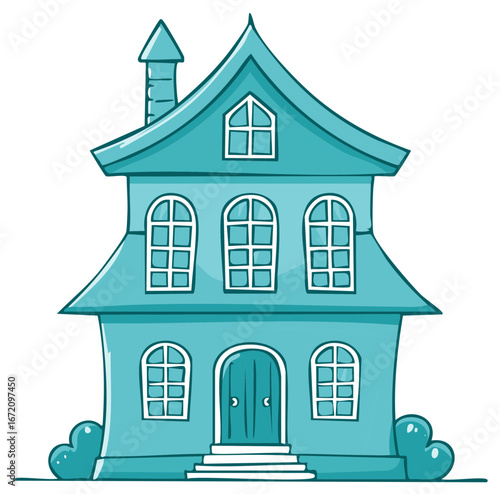 Illustration of a teal cartoon house with multiple windows and a chimney isolated on a solid background.