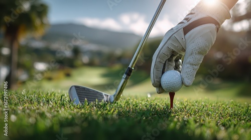 Golfer placing golf ball on tee sunny day green grass